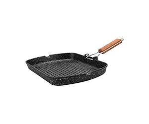 Kamberg - Poêle Grill 34 x 24 cm - Manche Rabattable en bois - Fonte d'Aluminium - Revêtement type pierre - Tous feux dont induction - Sans PFOA - 0008016, Noir, 36 x 26,5 x 3,5 cm