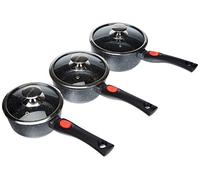 Kamberg - Set 3 Casseroles 16 / 18 / 20 cm - Manche Amovible - Fonte d'Aluminium - Revêtement Type Pierre - Couvercles en Verre - Tous Feux dont Induction - Sans PFOA - 0008039