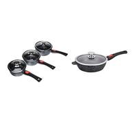 Kamberg - Set 3 Casseroles Gris 16/18 / 20 cm - Manche Amovible - Fonte d'Aluminium & Sauteuse 28 cm - Gris - Manche Amovible - Fonte d'Aluminium - Revêtement Type Pierre - Couvercle en Verre