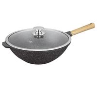 Kamberg - Wok 32 cm - 5,0 Litres - Manche fixe en bois - Fonte d'Aluminium - Revêtement pierre - Couvercle en Verre - Tous Feux dont Induction - Sans PFOA - 0008220