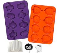 Kamehame Lot de 2 moules en silicone pour sucettes au chocolat d'Halloween en forme de citrouille, fantôme, avec 100 bâtonnets en papier pour chocolat, bonbons