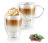 KAMEUN Tasse Double Paroi, 350ml*2 Coffret de Double Paroi Verre à Café, Tasses en Verre Borosilicate avec Poignée, effet flottant, pour Thé, Café, Lattes, Cappuccino, Espresso, Bière