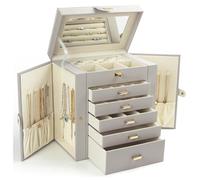 KAMIER Boîte à bijoux pour femme, grande boîte de rangement à bijoux à 6 couches avec miroir et 5 tiroirs pour bagues, boucles d'oreilles, colliers, bracelets, gris