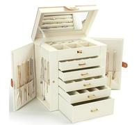 KAMIER Boîte à bijoux pour femme, grande boîte de rangement à bijoux à 6 couches avec miroir et 5 tiroirs pour bagues, boucles d'oreilles, colliers, bracelets, blanc