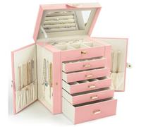KAMIER Boîte à bijoux pour femme, grande boîte de rangement à bijoux à 6 couches avec miroir et 5 tiroirs pour bagues, boucles d'oreilles, colliers, bracelets, rose