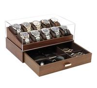 KAMIER Coffret Montres Homme, Bois 10 Emplacements, Écrin 2 Niveaux avec Couvercle Verre et Tiroir, Rangement Montres, Bagues et Lunettes de Soleil, Cadeau Élégant Homme Femme - Noyer