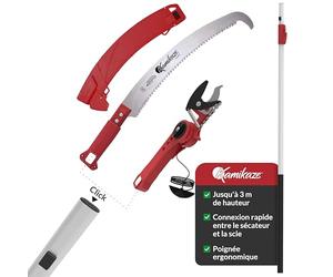 Kamikaze Kit d’Élagage en Hauteur 2 en1 de 3m - Coupe-Branche Télescopique avec Sécateur Télescopique + Scie Télescopique, Tête Rotative, Attache Rapide, Compatible avec Outils Wolf (3 x 1m)