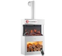 KAMINIO® Henri Cheminée électrique avec Chauffage & Tuyau de poêle, Blanche | Cheminée décorative sur pied avec effet de flamme, feu 3D, compartiment éclairé par LED, thermostat, minuterie, télécommande