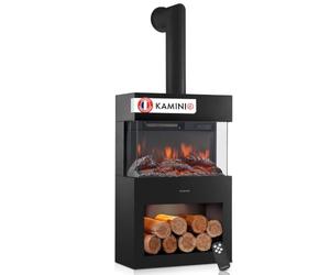 KAMINIO® Henri Cheminée électrique avec Chauffage & Tuyau de poêle, Noire | Cheminée décorative sur pied avec effet de flamme, feu 3D, compartiment éclairé par LED, thermostat, minuterie, télécommande