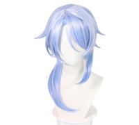 Kamisato Ayato Perruque de cosplay courts bleus superposés avec frange Cheveux synthétiques très doux et lisses, peignage facile, convient pour les personnages de comic-Con
