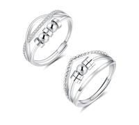 Kamise Lot de 2 bagues anti-anxiété réglables en argent sterling 925 pour femme, bague de soulagement avec perles en oxyde de zirconium, paire de bagues anti-stress unisexes pour homme et fille