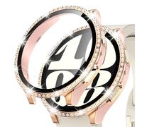 Kamita Diamant Coque Compatible avec Samsung Galaxy Watch 6 40mm, Paillettes Dur PC Bumper Case avec 9H Verre Trempé Protecteur d'écran, Bling Cover Protective étui pour Galaxy Watch6 (Rose-Or Rose)
