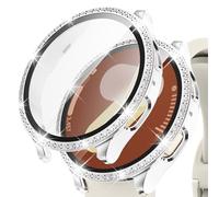 Kamita Glitter Diamant Coque Compatible avec Samsung Galaxy Watch 7 44mm, Paillettes Dur PC Bumper Case avec Verre Trempé Protecteur d'écran, Housse de Protection pour Samsung Watch7 (Blanc-Argent)