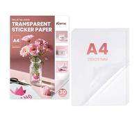 kamo Papier Autocollant Transparent 100% Premium - 30 feuilles, Étiquettes Vinyle Imprimables pour Imprimantes Laser et Jet d'Encre, A4, 210 x 297 mm, 1 étiquette par feuille, Non Imperméable