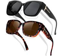 KANASTAL 2 Paires Surlunettes de Soleil Polarisées Femme Homme UV400 Sur Lunettes de Soleil Oversize Carrées Unisexe Tendance pour la Conduite Voyage Noir et Marron Léopard