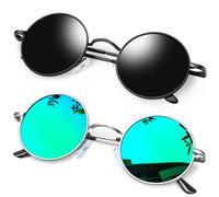 KANASTAL Lunettes de Soleil Polarisée Ronde pour Homme et Femme Vintage Lunettes de Soleil Rétro Classique Hippie Steampunk Anti UV400 (Noir et Vert)