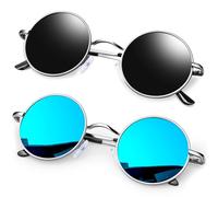 KANASTAL Lunettes de Soleil Ronde Polarisée pour Hommes et Femmes Vintage Rétro Classique Lunette Steampunk Hippie Noir et Bleu UV400
