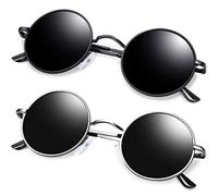 KANASTAL Lunettes de Soleil Ronde Polarisée Rétro Classique Homme et Femme Hippie Steampunk (Noir et Argent)