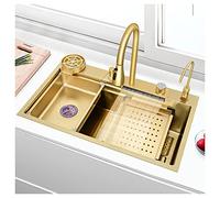 KANBUN 304 Évier de Barre en Acier Inoxydable Bol Simple Bol en Cascade Multi-Fonction RV avec Robinet et Assemblage de Drainage dans ou sous Le Support (Couleur: Gold-E, Taille 75x45x21cm)