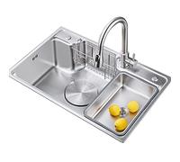 KANBUN 304 Évier de Cuisine en Acier Inoxydable avec Grand Bol Simple Combo Robinet de Travail de Travail à la Main et Panier Suspendu 3 Trous en Argent (75x48 cm)