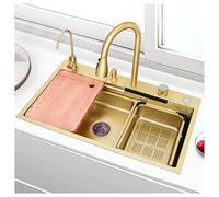 KANBUN 304 Évier en Acier Inoxydable Bol Simple Bol Cascade Multi-Fonction RV avec Robinet et Assemblage de Drainage dans ou sous Le Support (Couleur: Gold-C, Taille 75x45x21cm)
