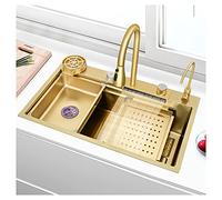 KANBUN 304 Évier en Acier Inoxydable Bol Simple Bol Cascade Multi-Fonction RV avec Robinet et Assemblage de Drainage dans ou sous Le Support (Couleur: Gold-F, Taille 75x45x21cm)