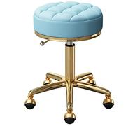KANBUN Chaise roulante Ronde Salons de beauté Bureau tabourets de Bar pivotants avec Acier en métal doré 5 Griffes et Roues de Terre, réglable 47-64 cm (Couleur: Bleu Clair)