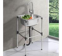 KANBUN Évier de Cuisine Restaurant en Acier Inoxydable avec Robinet Chaud et Froid, utilité Mobile à Bassin Unique Commercial, Lavage à Main indépendant, pour Le Bar, Le Camping, Jardin (48x35x70cm)