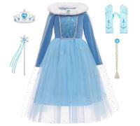 KANDEMY Costume Princesse des Neiges Fille, Robe de Bal Velours Bleu Scintillant avec Tulle, Set Complet avec Tiare + Baguette Magique + Gants + Tresse, Déguisement Carnaval Anniversaire Fête