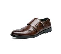 Kanggrei Chaussures Oxford habillées for Hommes, à Enfiler, à Bout Pointu, Richelieus, Bouts d'aile en Relief, Double Boucle, Cuir PU, Talon carré, décontractées(Marron,46 EU)