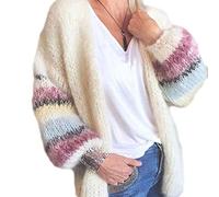 KANGQL Cardigan d'hiver, cardigan tricoté en mohair pour femme, couleur bonbon, rayures à manches lanternes, manteau pull manteau, blanc riz, M
