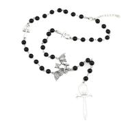 KANGSHUN Collier chapelet gothique avec perles noires, pendentif croix en argent et breloque chauve-souris, bijou religieux (chauve-souris)