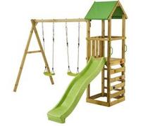 Kangui Aire de jeux bois enfant WALLI 120 Toboggan, balançoires, escalade et cabane Marron G