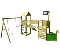 Kangui - Aire De Jeux Pirate En Bois Avec Vigie Willi - Balançoire, Trapèze, Toboggan, Mur D'escalade, Cabane Sur Plateforme, Pont Suspendu