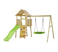 KANGUI Aire de jeux portique en bois WOODI - Double balançoire et nid Ø100cm, toboggan, mur d'escalade, cabane, échelle