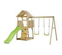 KANGUI Aire de jeux portique en bois WOODI - Double balançoire, toboggan, mur d'escalade, bac a sable, cabane, échelle