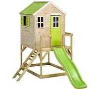 Kangui Cabane enfant en bois - Plancher, toit étanche, vert/blanc (plateforme + toboggan)
