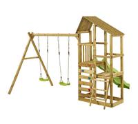 Kangui - Tour de jeux en bois avec double plateformes WOUPI - 2 Balançoires, mur d'escalade et cabane