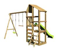 Kangui - Tour de jeux en bois avec double plateformes WOUPI - Balançoire, trapèze, mur d'escalade et cabane