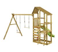 Kangui - Tour de jeux en bois avec double plateformes WOUPI - Balançoire, trapèze, mur d'escalade et cabane