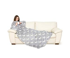 Kanguru Deluxe Doggy, Plaid Polaire à manches et poche Kangourou avec Dessin des Chiens, Super Doux, Plaid canape grande taille, Couverture polaire avec manches, Adultes, Couleur Gris, 140 x 210 cm