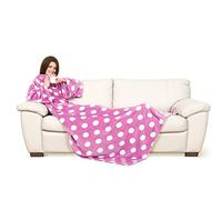 Kanguru Deluxe Pop, Plaid Polaire à manches et poche Kangourou, Super Doux, Plaid canape grande taille, Couverture polaire avec manches, Adultes, Rose avec Pois Blanc, 140 x 210 cm