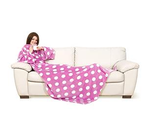 Kanguru Deluxe Pop, Plaid Polaire à manches et poche Kangourou, Super Doux, Plaid canape grande taille, Couverture polaire avec manches, Adultes, Rose avec Pois Blanc, 140 x 210 cm