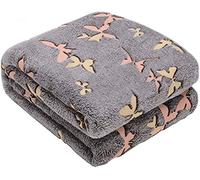 Kanguru Carreaux Butterflies Phosphorescent Papillon Glow in The Dark, Super Doux, Confortable, Couverture Polaire, Plaid Canape, Jeté de lit, Polyester, Rose/Gris, 130x150 cm