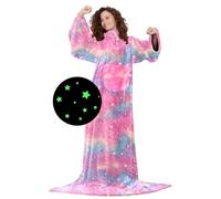 Kanguru Rainbow Glow Couverture à manches Phosphorescente, plaid polaire avec poche centrale et motif Arc-en-ciel Etoiles, 180x140cm, plaid de lit ou de canapé, cadeau de Noël ou d'anniversaire