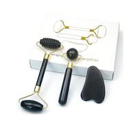 KANLVU 3-En-1 Rouleau De Jade Visage Naturel Et Kit Gua Sha Visage, Appareil De Massage à Double Tête Rouleau Visage Pour Réduire Les Ridules Et Favoriser Le Drainage Lymphatique(Noir)