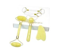 KANLVU 3-En-1 Rouleau De Jade Visage Naturel Et Kit Gua Sha Visage, Appareil De Massage à Double Tête Rouleau Visage Pour Réduire Les Ridules Et Favoriser Le Drainage Lymphatique(Jaune)