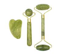KANLVU 3-En-1 Rouleau De Jade Visage Naturel Et Kit Gua Sha Visage, Appareil De Massage à Double Tête Rouleau Visage Pour Réduire Les Ridules Et Favoriser Le Drainage Lymphatique(Vert)