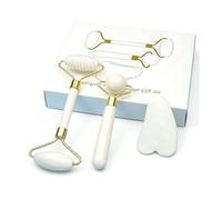 KANLVU 3-En-1 Rouleau De Jade Visage Naturel Et Kit Gua Sha Visage, Appareil De Massage à Double Tête Rouleau Visage Pour Réduire Les Ridules Et Favoriser Le Drainage Lymphatique(Blanc)