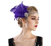 KANLVU Bandeau Vintage à Franges avec Franges Pendantes en Perles De Cristal Coiffe à Plumes pour Accessoires De Showgirl Mariage sur Le Thème des Années 1920, Danse Charleston(Purple)